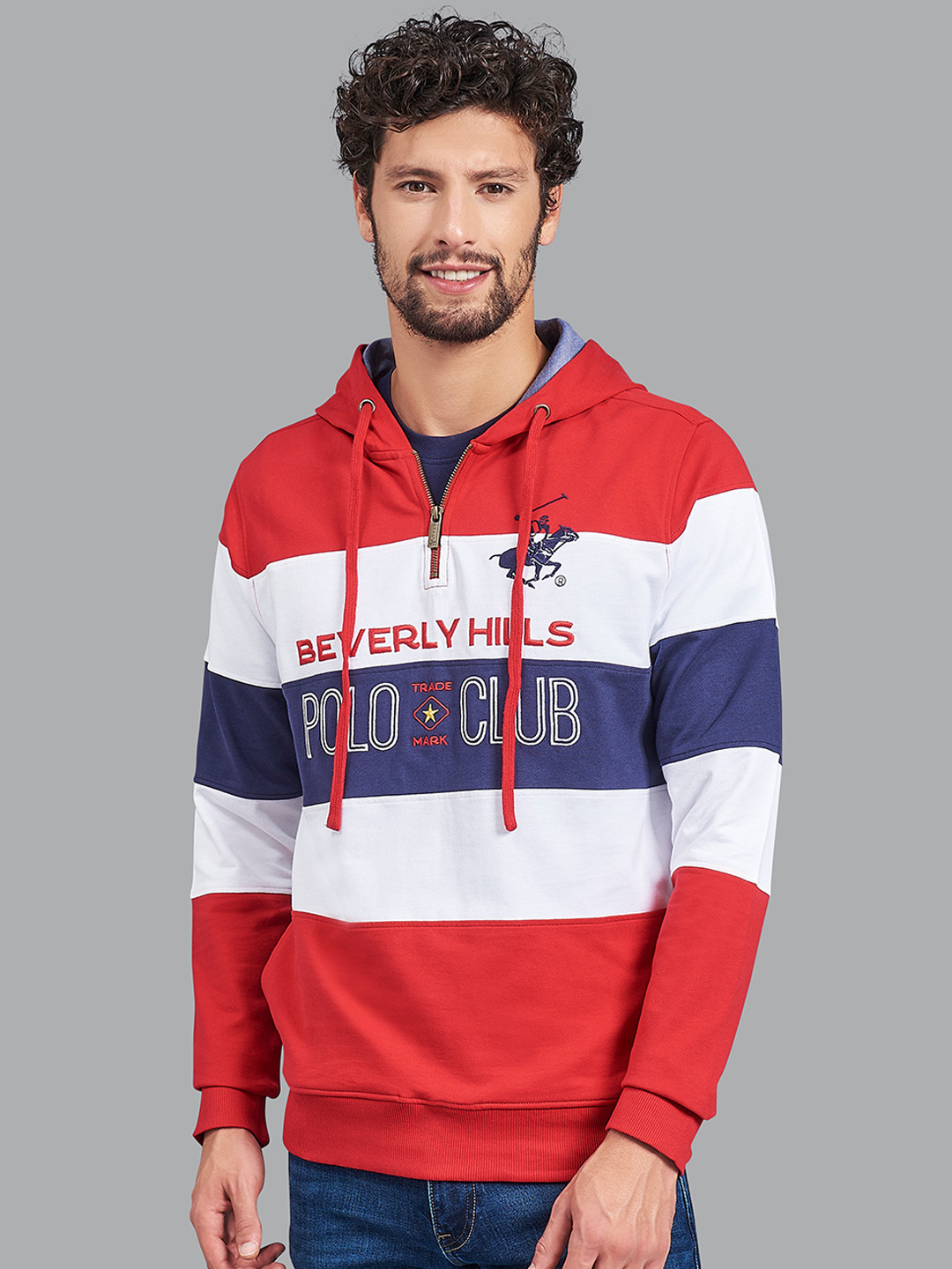 Beverly Hills Polo Club Men Red & White Striped Hooded Cotton Sweatshirt
