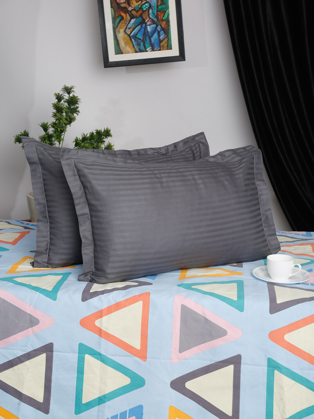 HOSTA HOMES Set of 2 Grey Self Design 280 TC Satin Cotton Pillow Cover