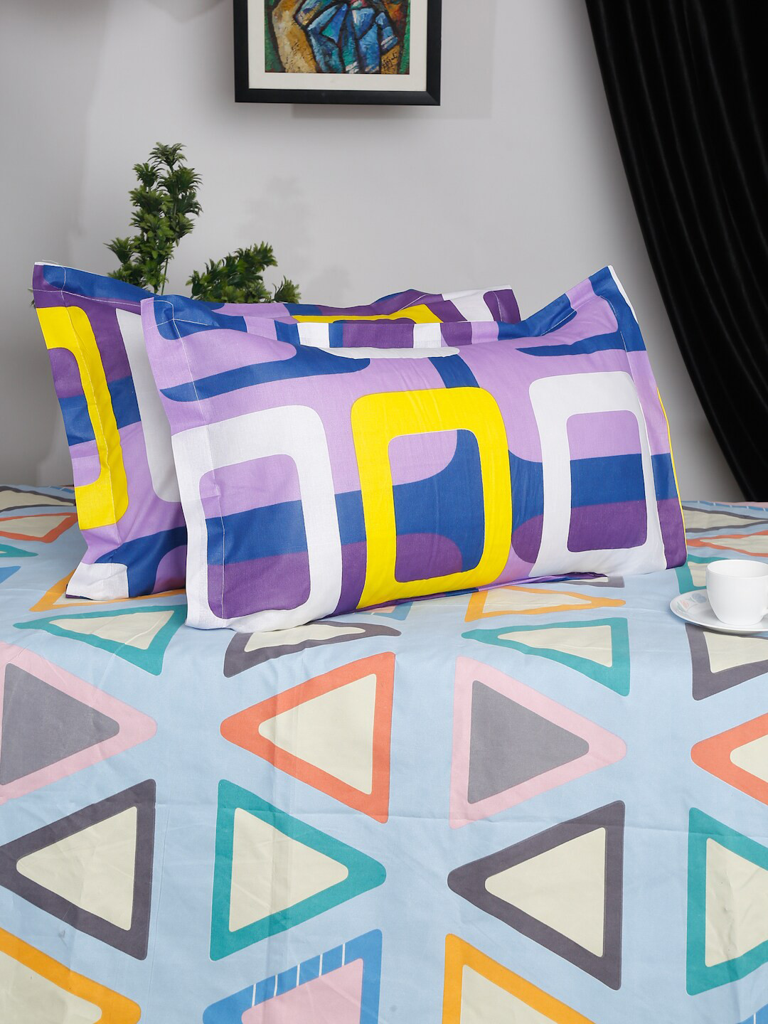 HOSTA HOMES Set Of 2 Purple & White Printed Pure Cotton Pillow Covers