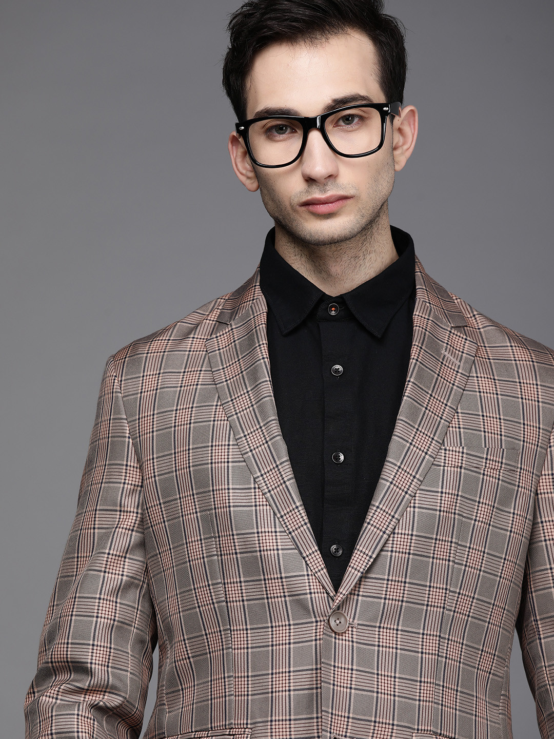 Peter England Elite Men Brown & Grey Slim Fit Checked Blazer