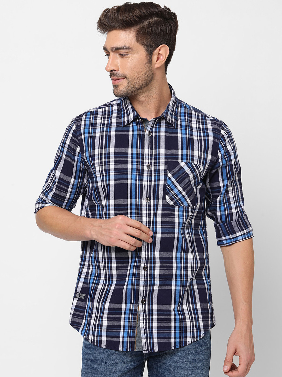 Pepe Jeans Men Navy Blue Opaque Checked Pure Cotton Casual Shirt