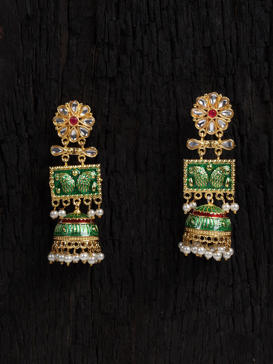 Shoshaa Green & Gold-Toned Gold-Plated Contemporary Drop Earrings