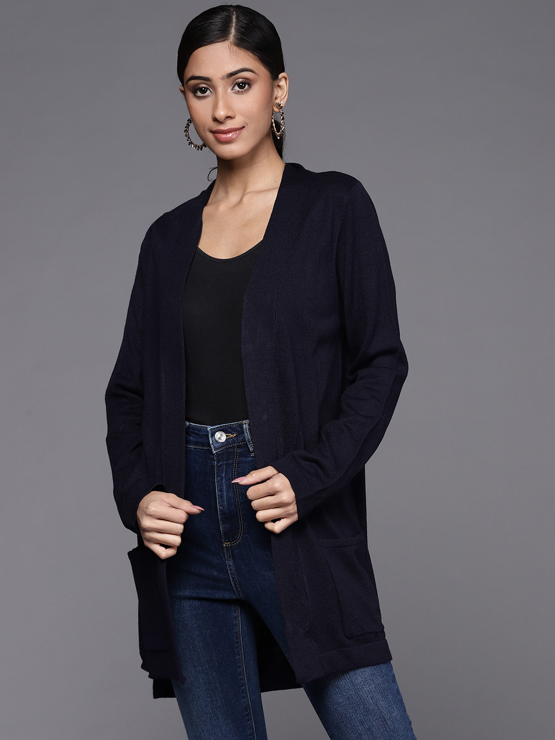 Biba Women Navy Blue Longline Shrug