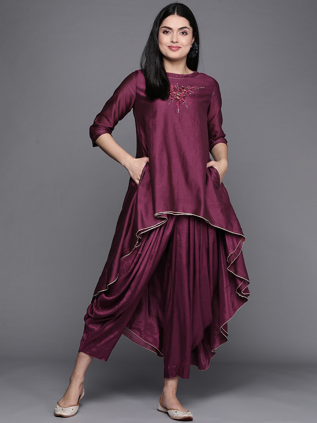 Biba Women Burgundy Floral Embroidered Regular Beads and Stones Kurta with Dhoti Pants