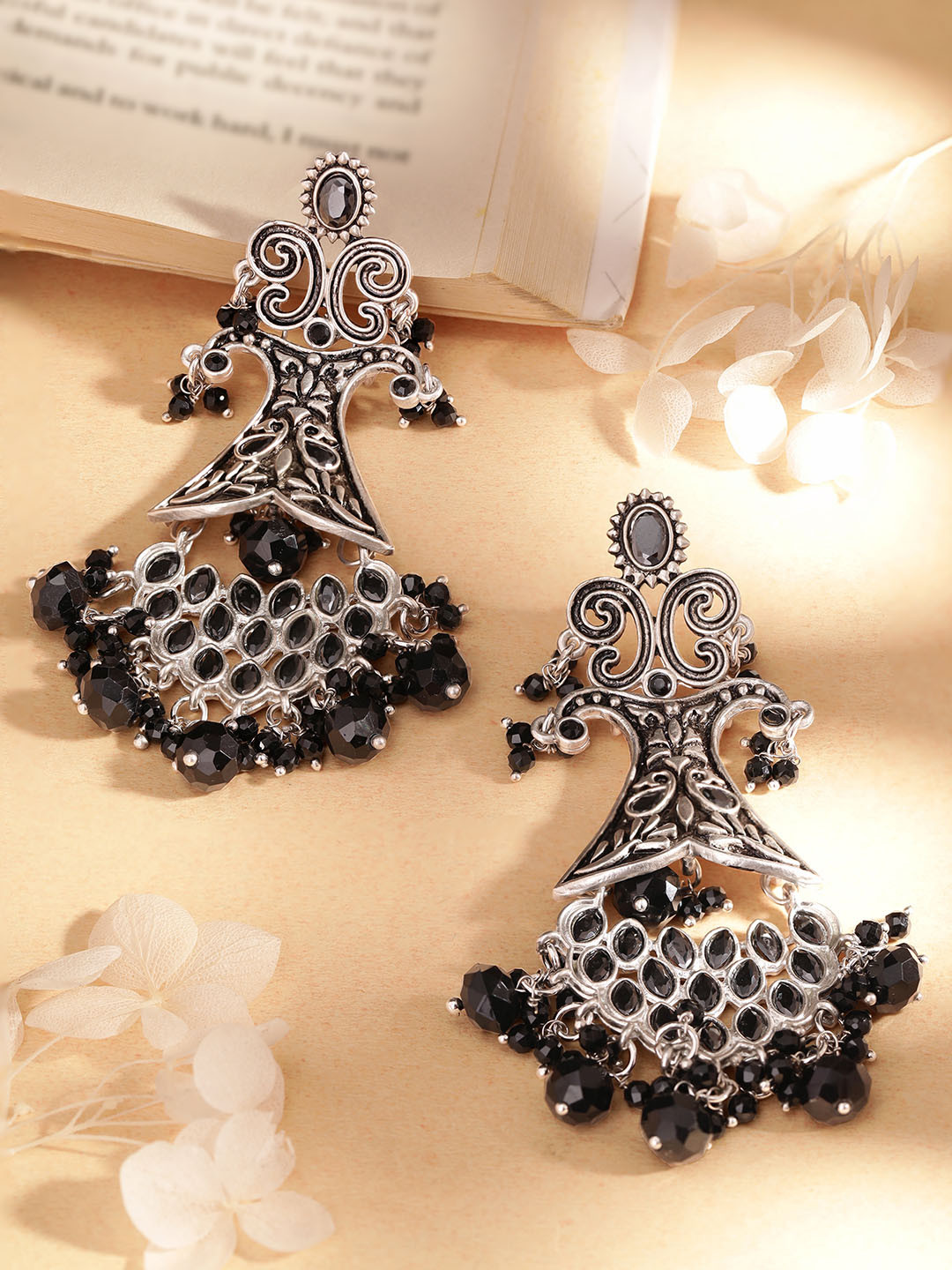 Rubans Oxidised Silver-Plated Black Stone-Studded & Beaded Chandelier Earrings