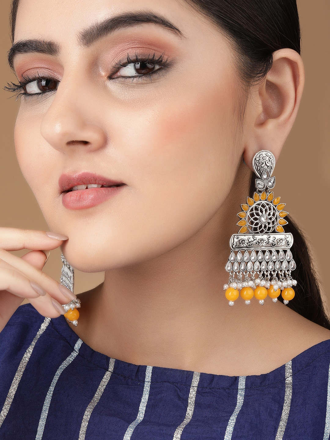 Rubans Silver-Toned & Orange Stone Studded & Beaded Oxidized Drop Earrings