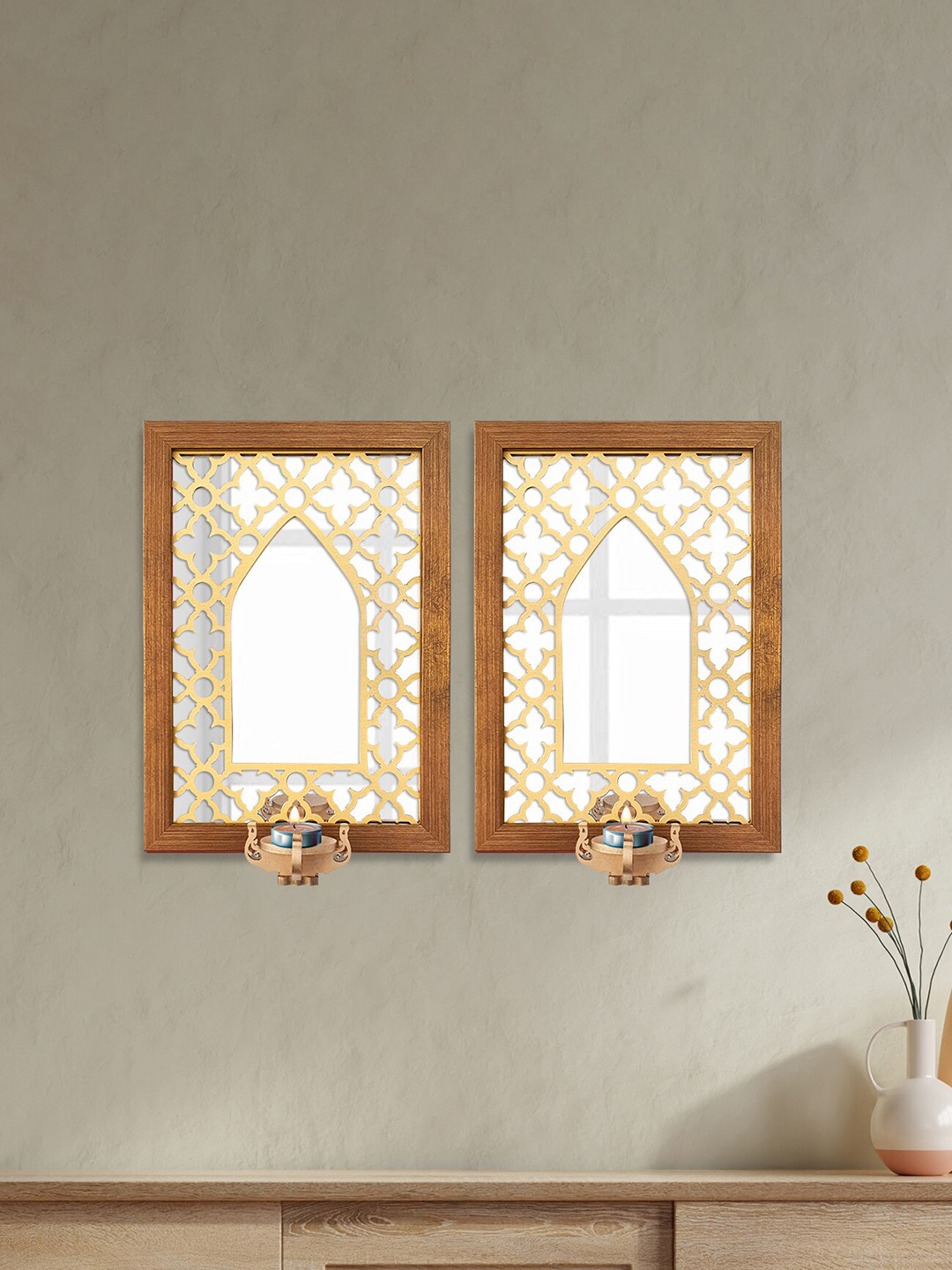 Art Street Set Of 2 Block Design Tealight Candle Holders With Wooden Framed Wall Mirror