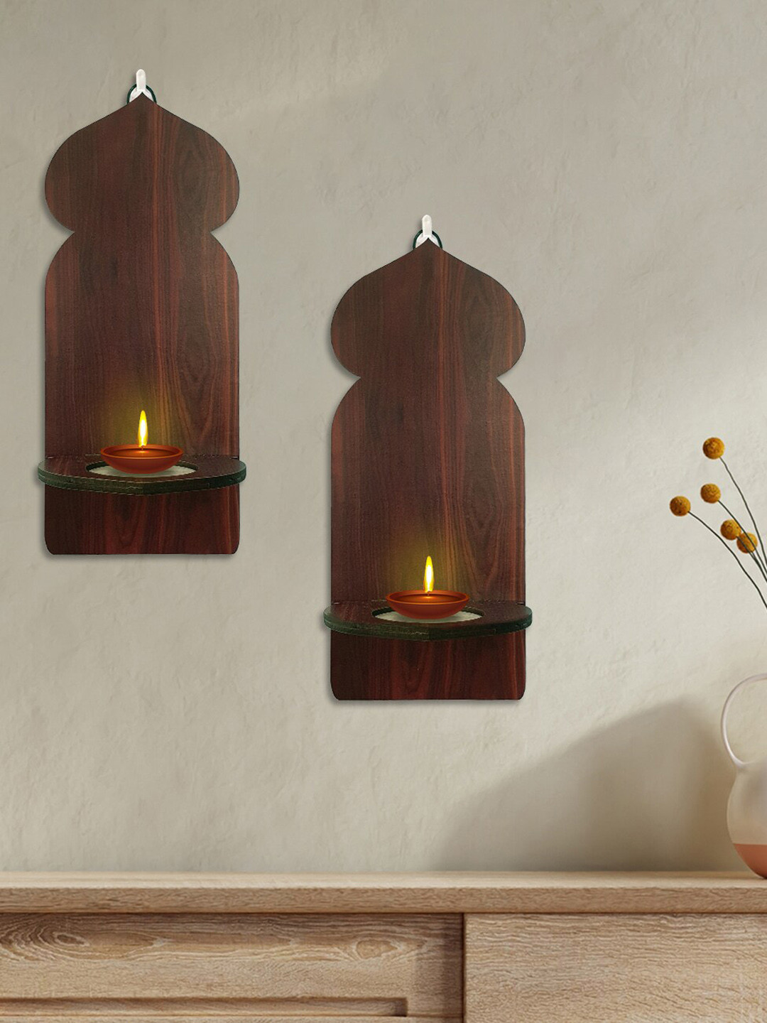 Art Street Set Of 2 Brown Wooden Tealight Candle Wall Holder