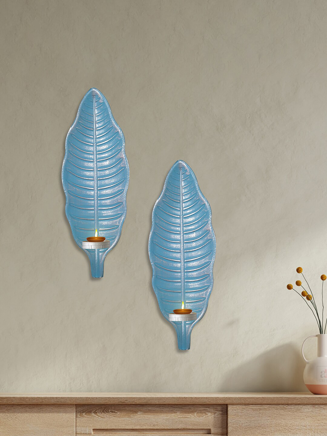 Art Street Set of 2 Blue & Silver-Toned Leaf Shape Tea Light Holder