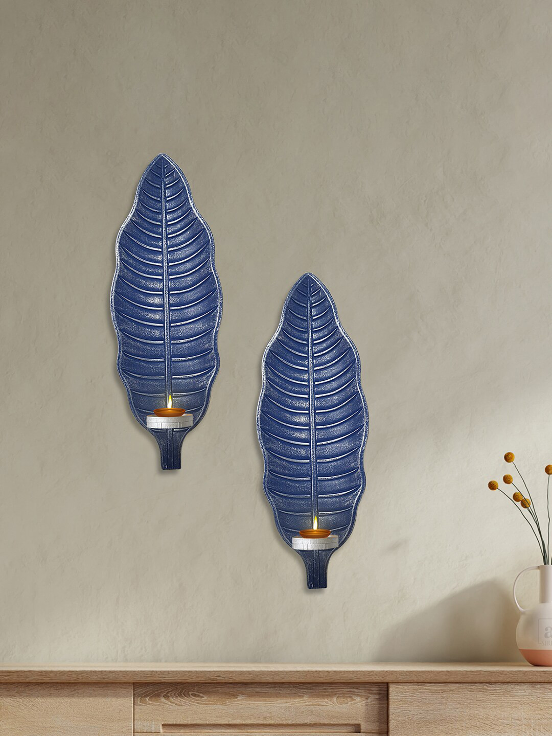 Art Street Set of 2 Navy Bue & Silver-Toned Leaf Shape Tea Light Holder