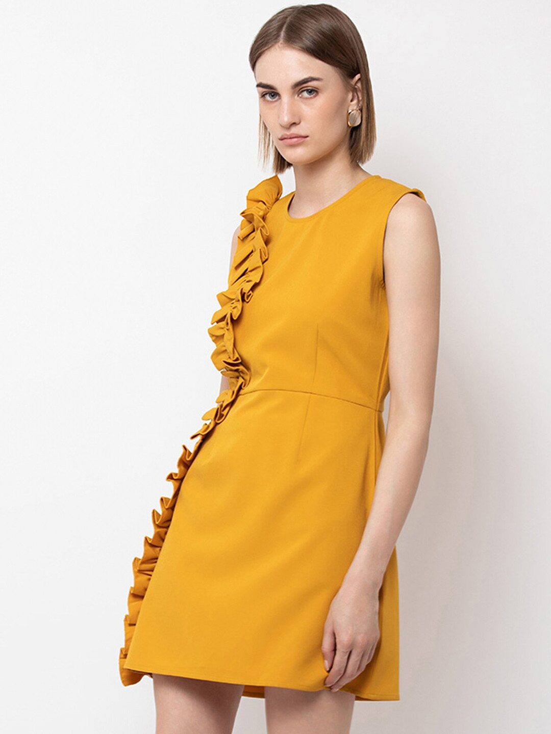 DODO & MOA Yellow Scuba Ruffled Sheath Party Mini Dress