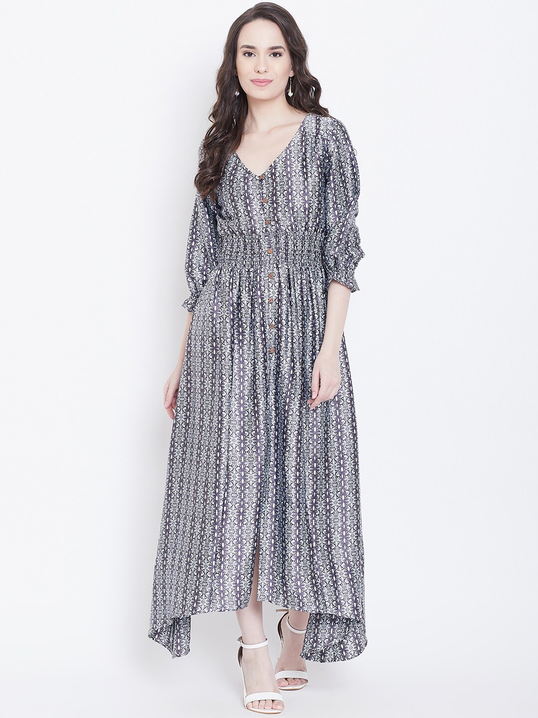 DODO & MOA Grey Ethnic Motifs Satin Maxi Dress