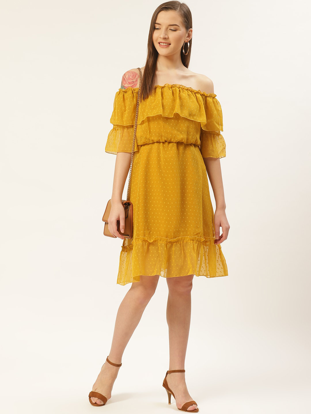 DODO & MOA Orange Off-Shoulder Georgette A-Line Dress
