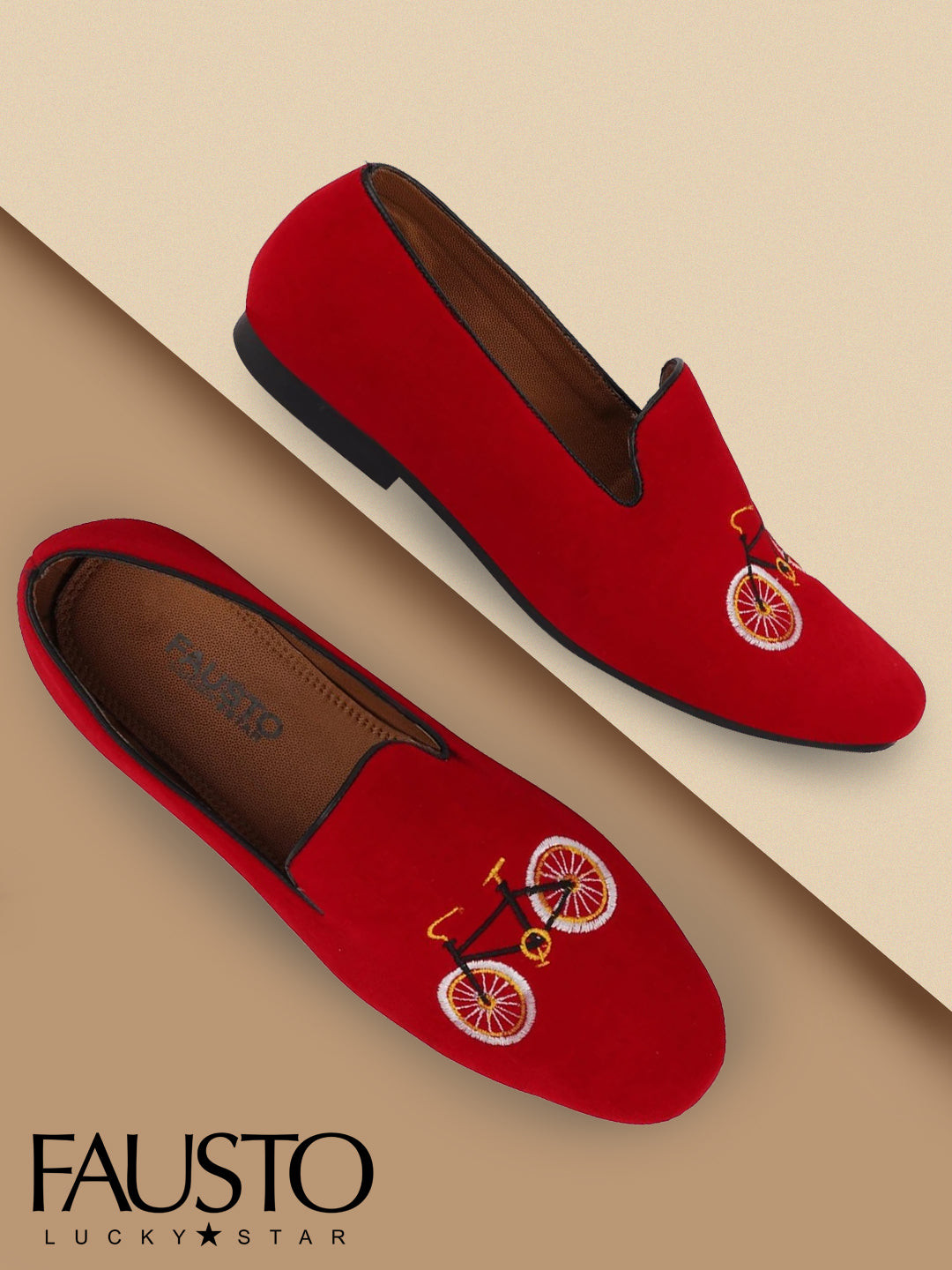 FAUSTO Men Red & White Embroidered Velvet Loafers