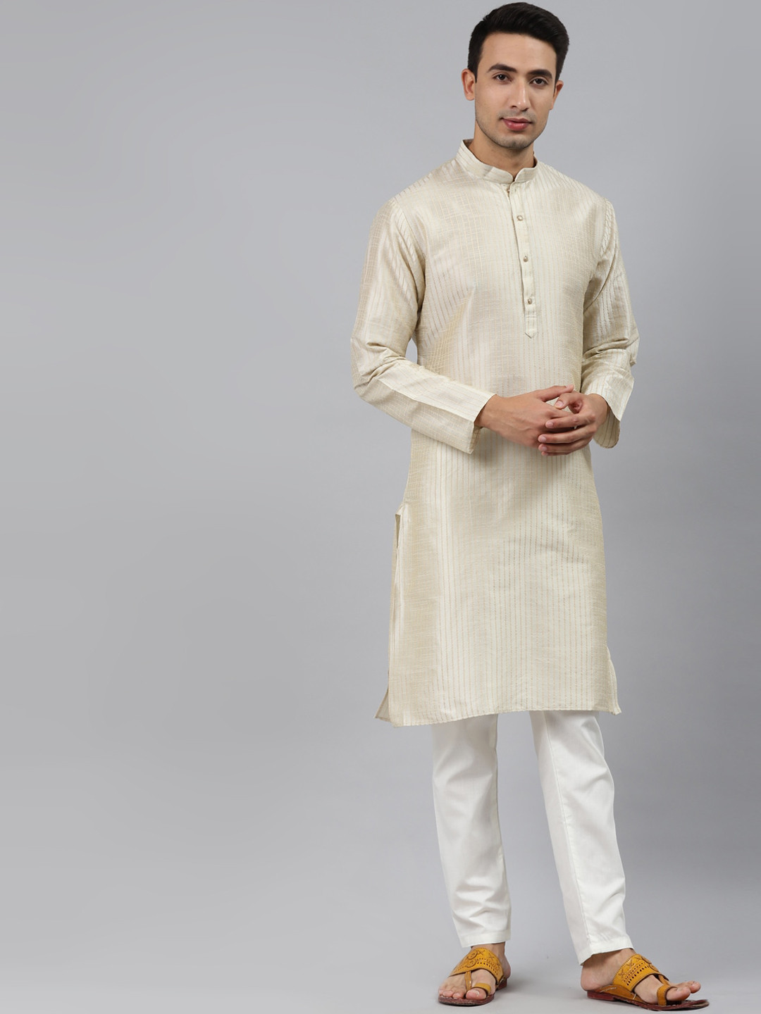 MANQ Men Cream-Coloured Thread Work Kurta