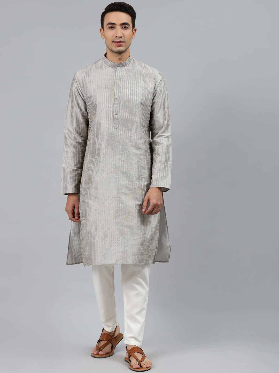 MANQ Men Grey Cold-Shoulder Sleeves Thread Work Kurta