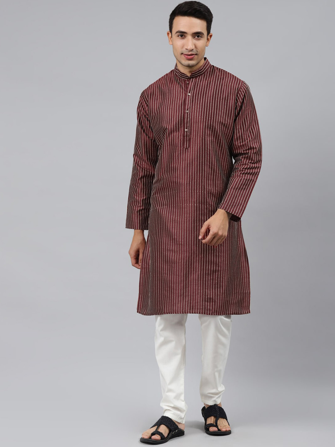 MANQ Men Maroon Striped Thread Work Kurta