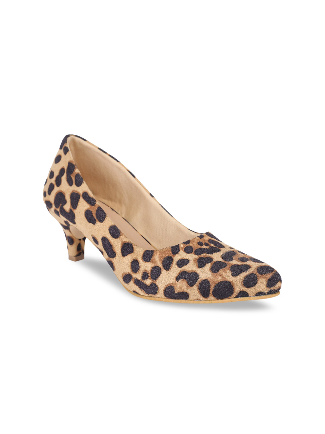 Walkfree Tan & Black Printed Suede Kitten Pumps