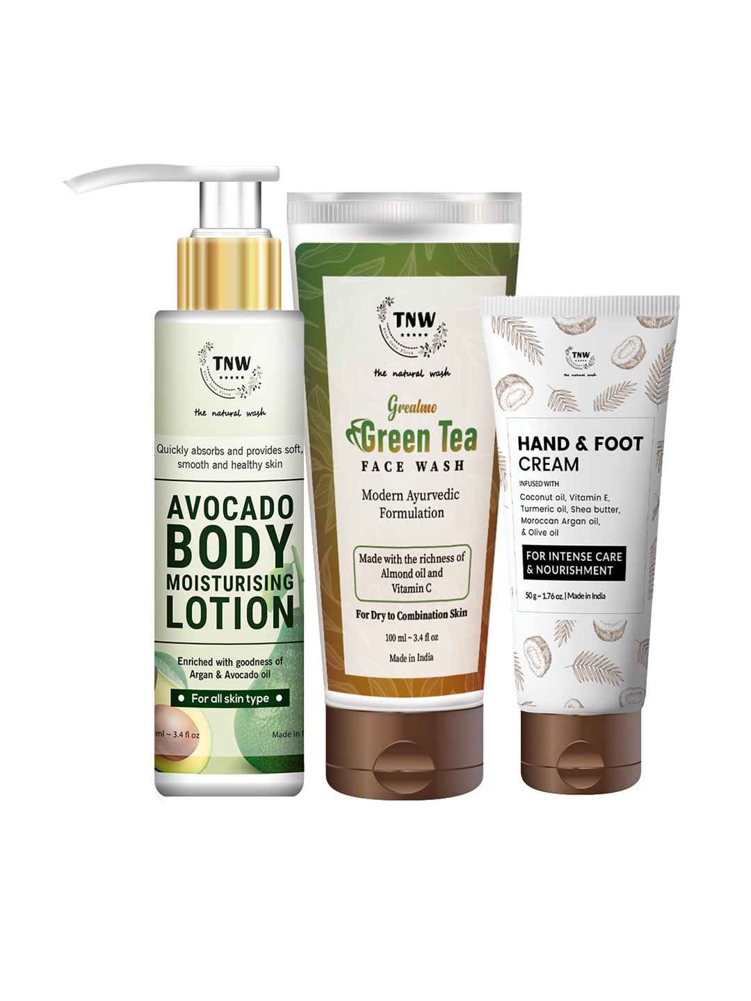 TNW the natural wash Set of 3 Hand & Foot Cream - Green Tea Face Wash & Body Lotion