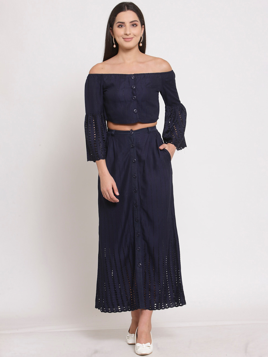 LUCERO Navy Blue Off-Shoulder Maxi Midi Dress