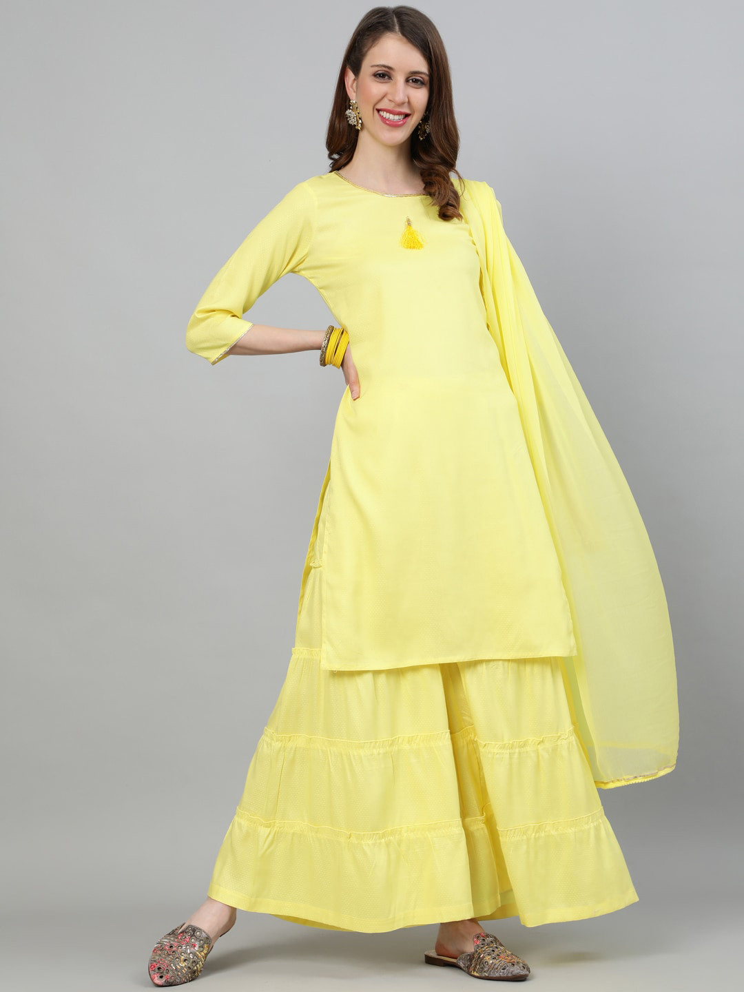 Jaipur Kurti Women Yellow Solid Kurta with Sharara & Dupatta