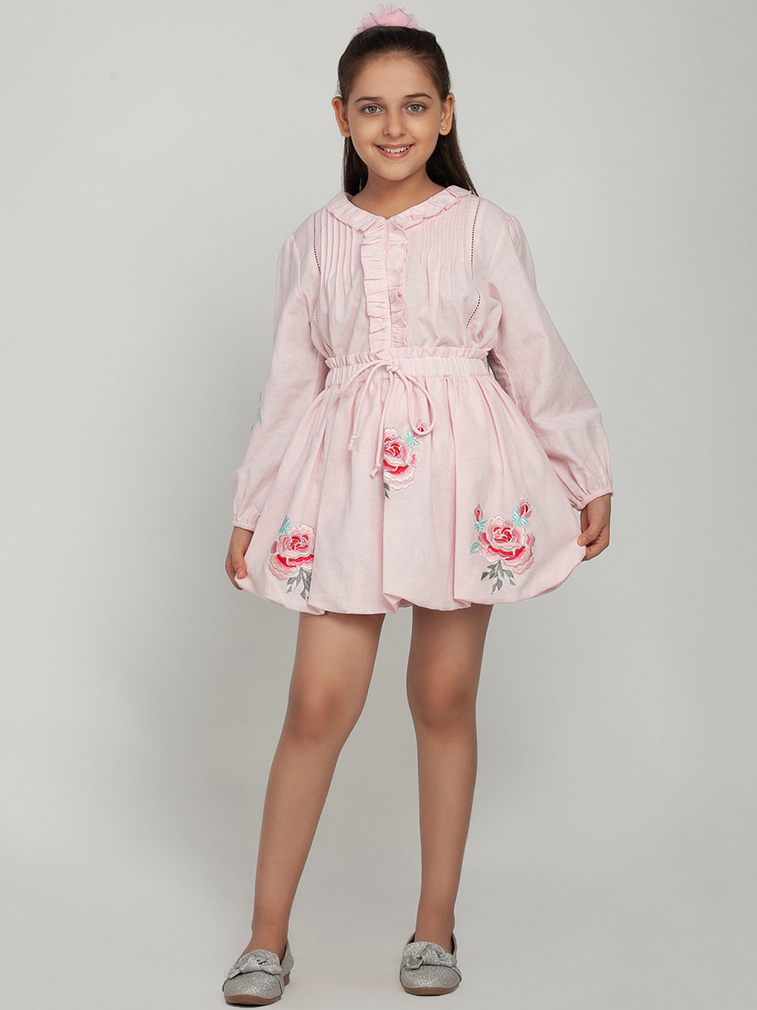 BLANC9 Girls Pink Floral Embroidered Mini Dress