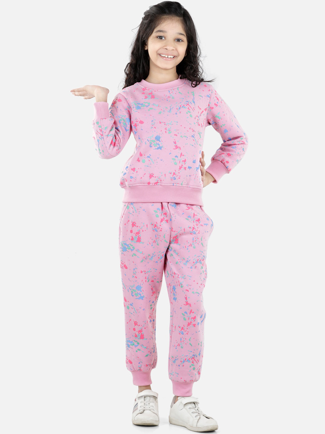 StyleStone Girls Pink & Blue Printed Cotton Track Suit