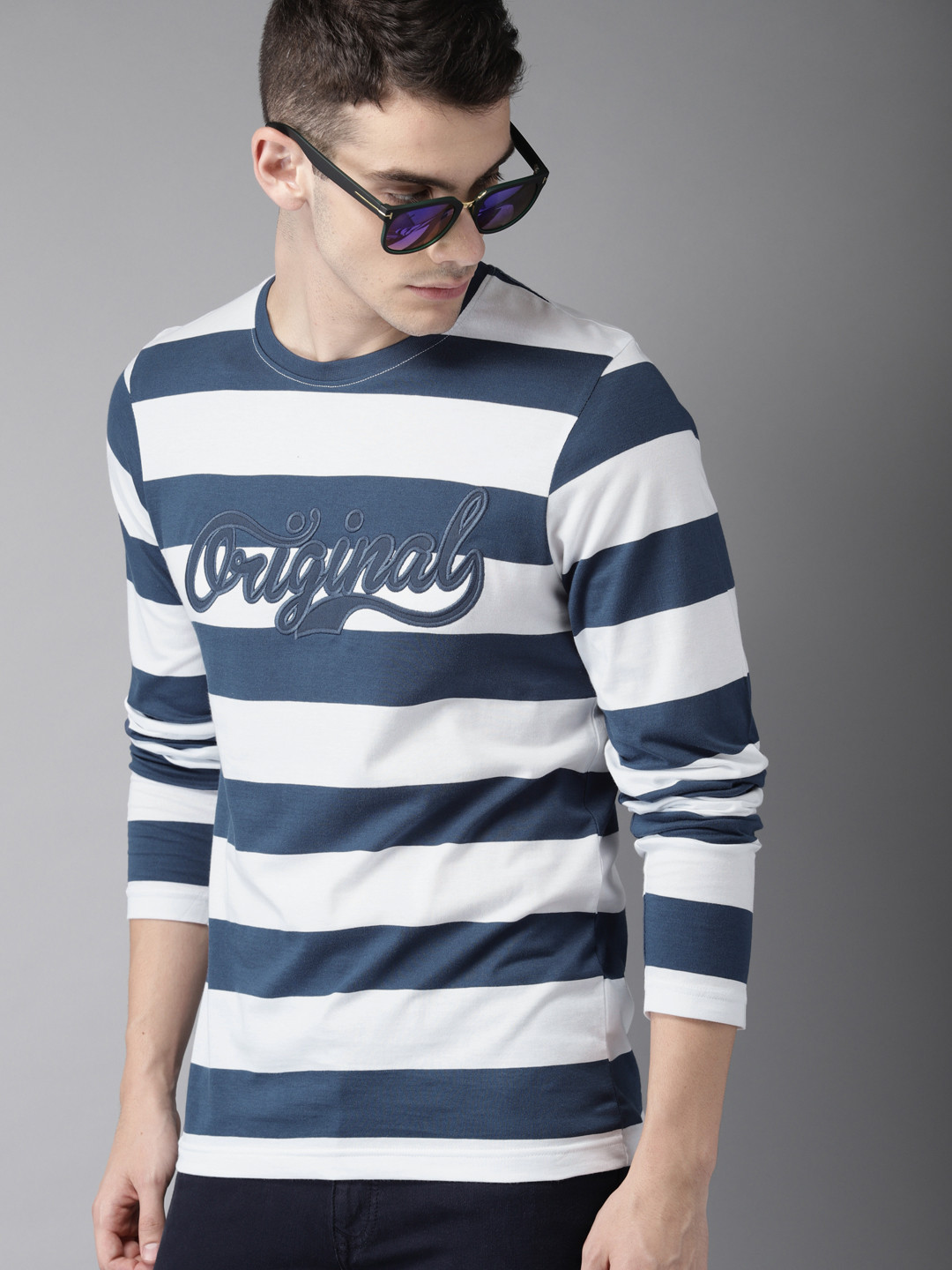 Men Navy Blue White Striped Pure Cotton 