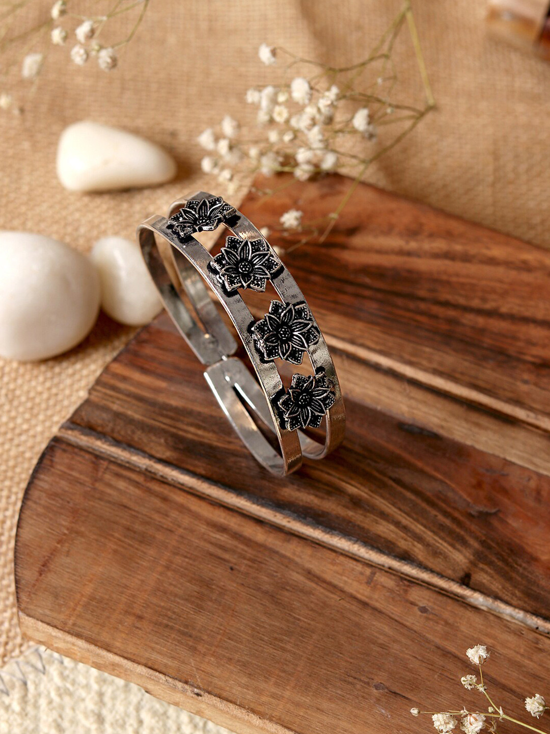 TEEJH Women Oxidised Silver-Plated Mandira Cuff Bracelet