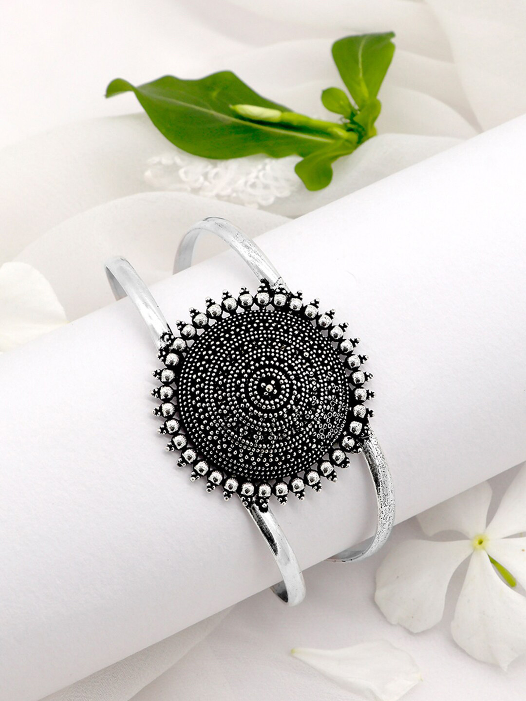 TEEJH Women Silver-Toned Floral Oxidized Cuff Bracelet