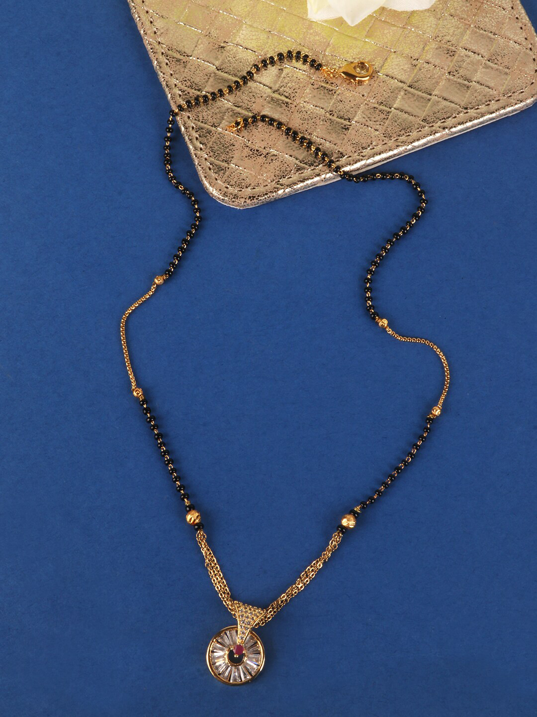 PENNY JEWELS Gold-Plated Black & White AD-Studded & Beaded Mangalsutra