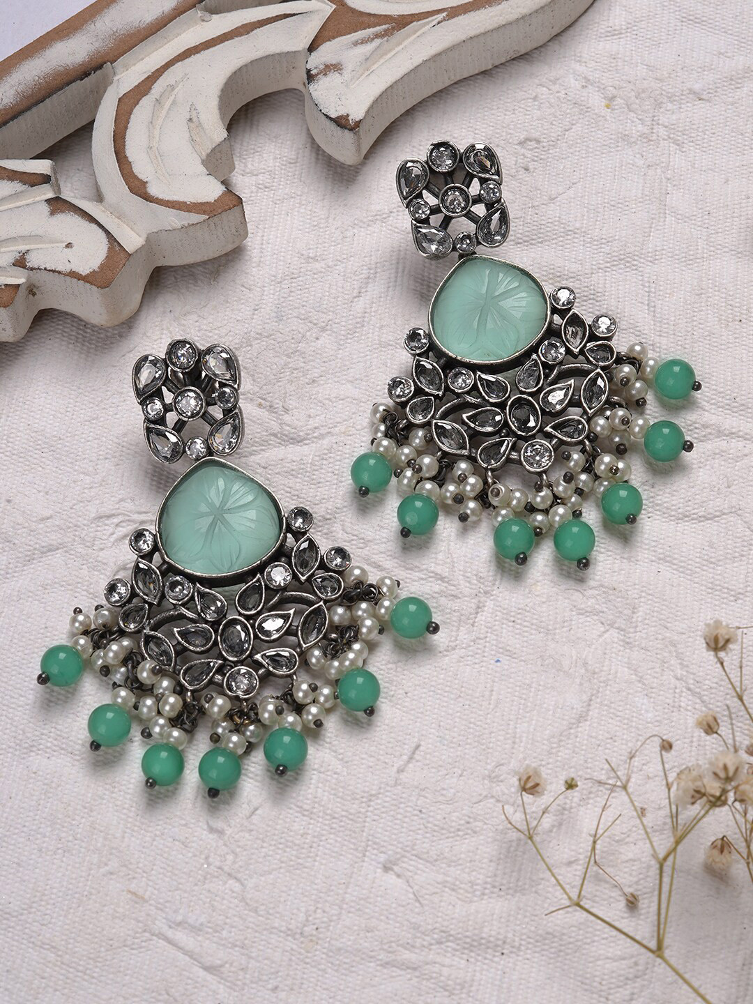 TEEJH Green & Silver-Toned & Plated Contemporary Oxidsed Drop Earrings