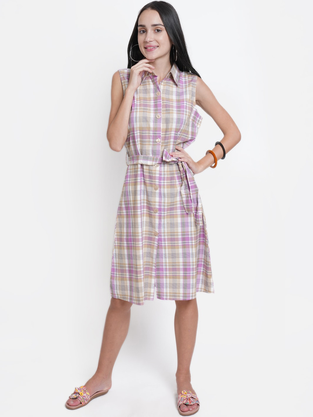WESTCLO Multicoloured Checked Cotton Shirt Dress