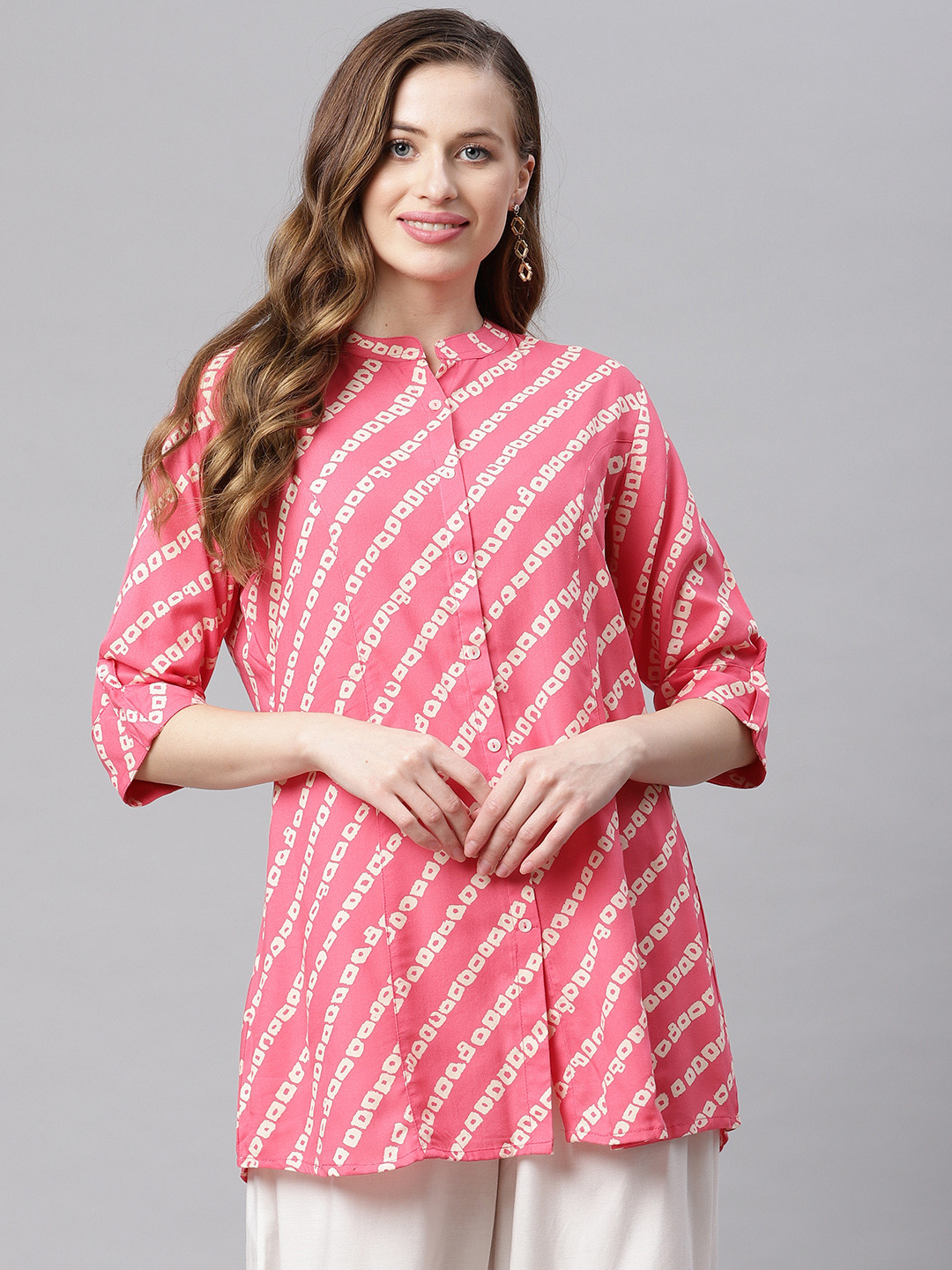 Divena Pink & White Mandarin Collar Roll-Up Sleeves Regular Top
