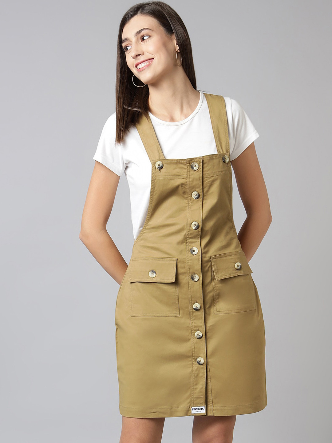 FINSBURY LONDON Women Khaki Pinafore Dress
