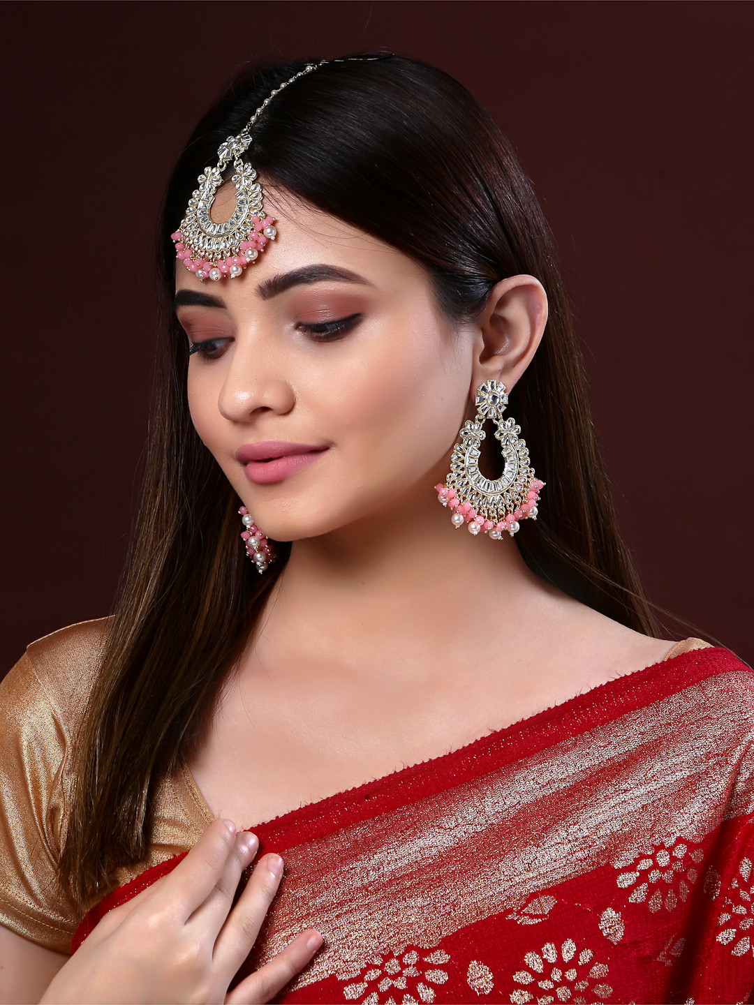 PANASH Gold-Plated Pink & White Kundan-Studded & Beaded Jewellery Set