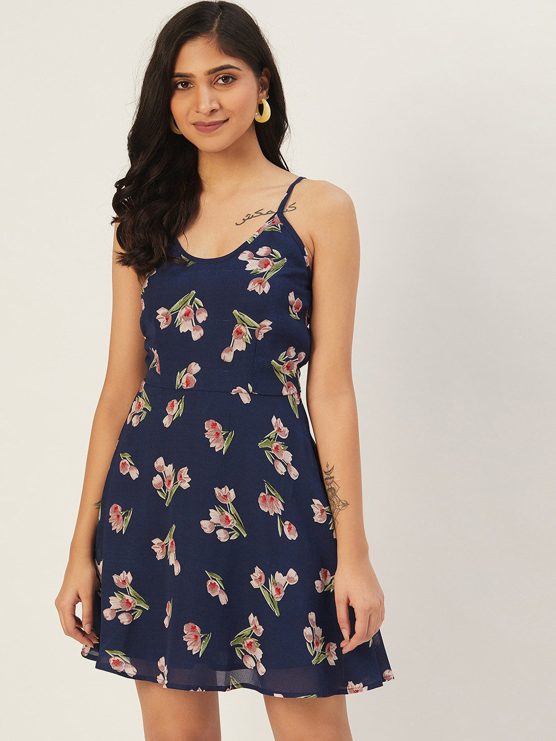 DODO & MOA Blue Floral Crepe Mini A-Line Dress