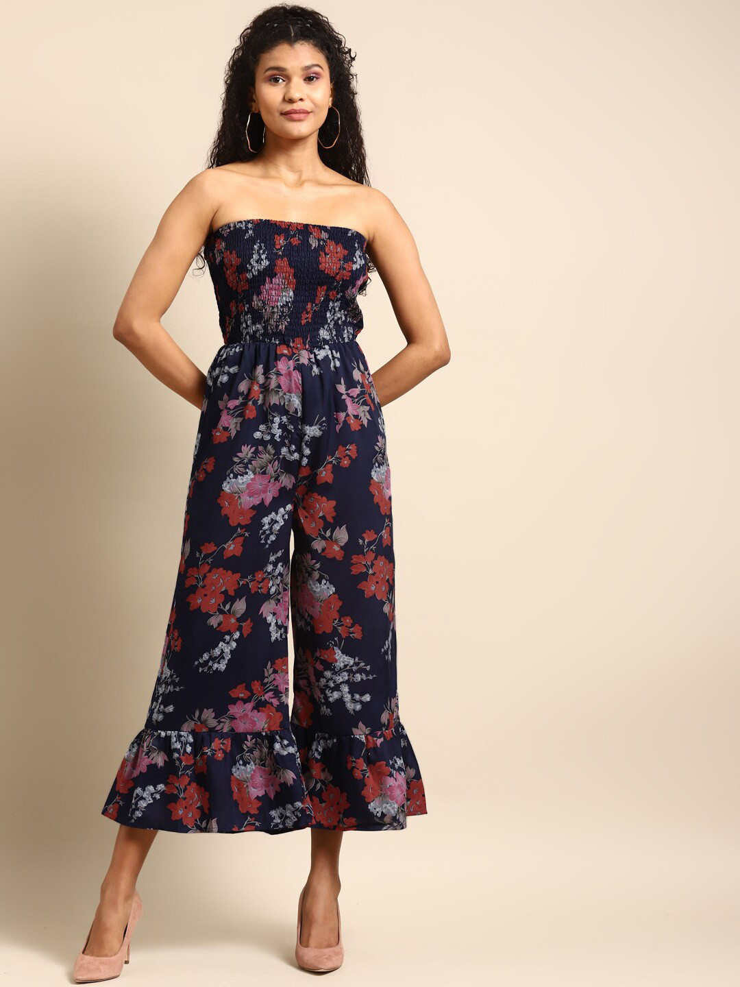 DODO & MOA Navy Blue & Brown Off-Shoulder Floral Printed Smocked Basic Jumpsuit