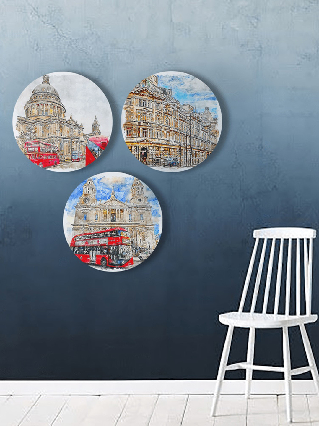 THE ARTMENT Blue Canvas 3 Pcs Wall Living Room Round Potrait Paintings Wall Art