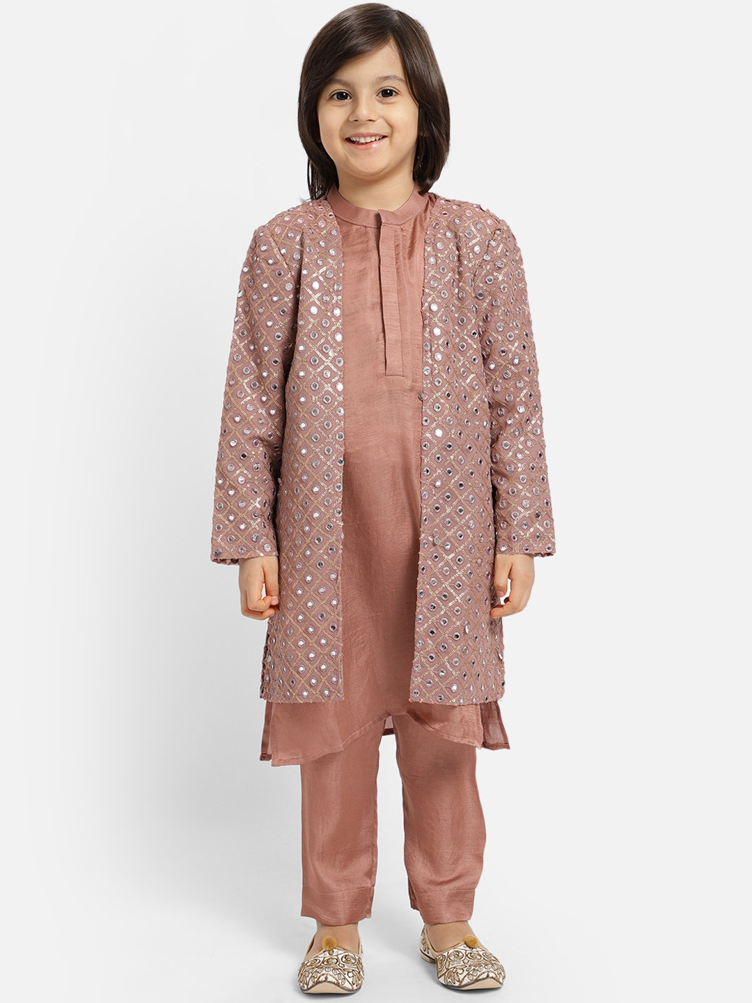 PICCOLO Boys Mauve Embroidered Layered Mirror Work Kurta with Trousers With Jacket
