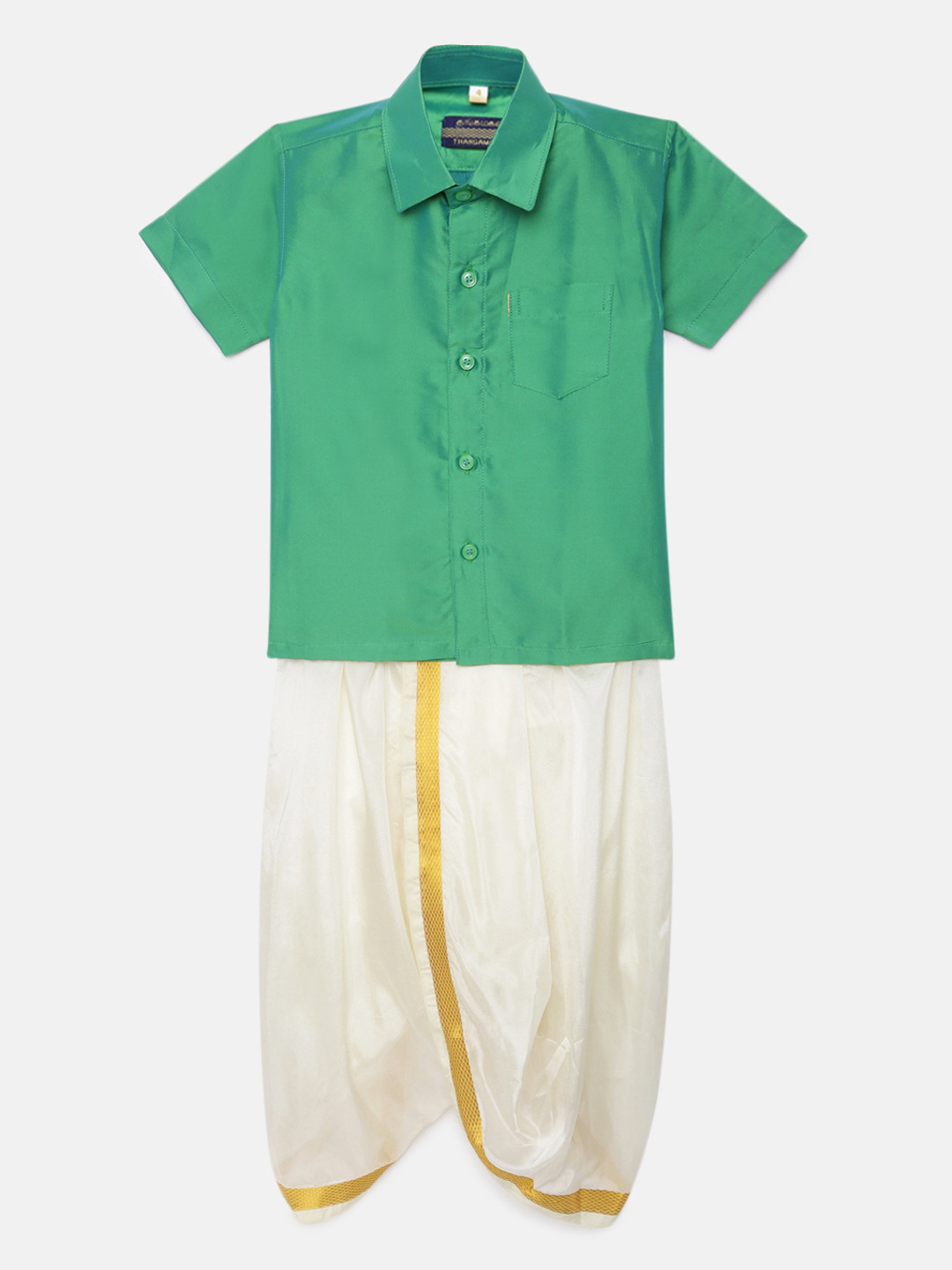 Thangamagan Boys Light Green Solid Panjagajam & Shirt Set