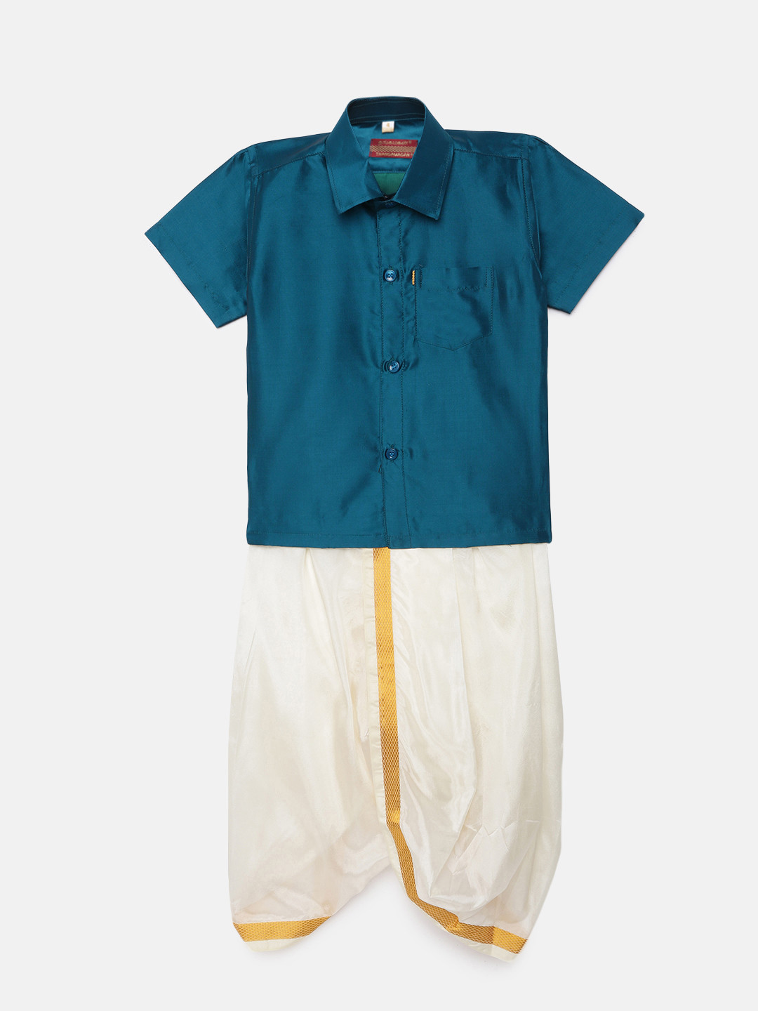 Thangamagan Boys Teal Solid  Panjagajam & Shirt Set