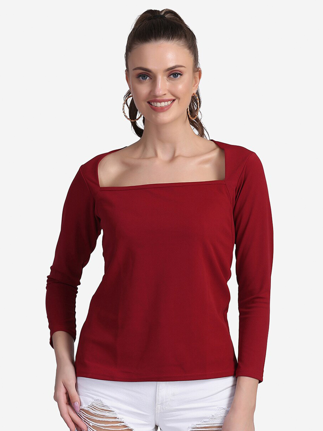 Sugathari Women Maroon Sheen Crepe Regular Top