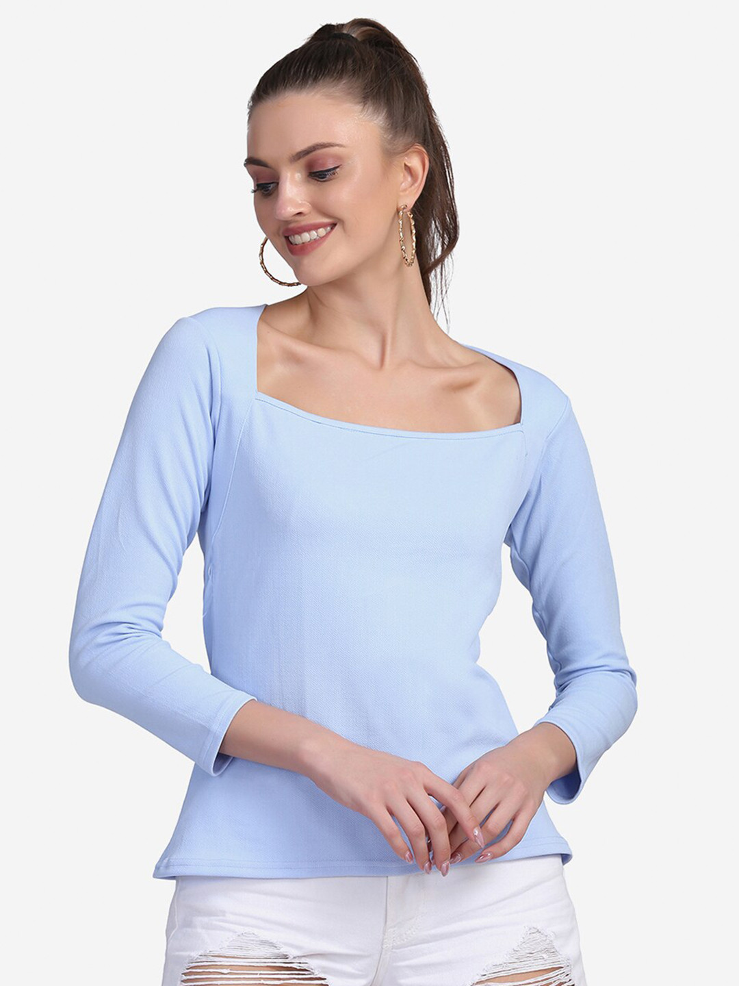 Sugathari Women Blue Sheen Square Neck Long Sleeves Top