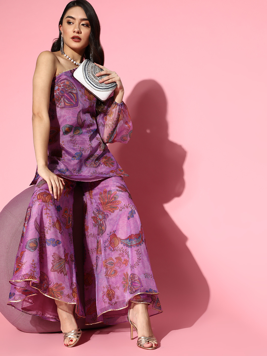 Inddus Printed Organza One-Shoulder Kurta Set