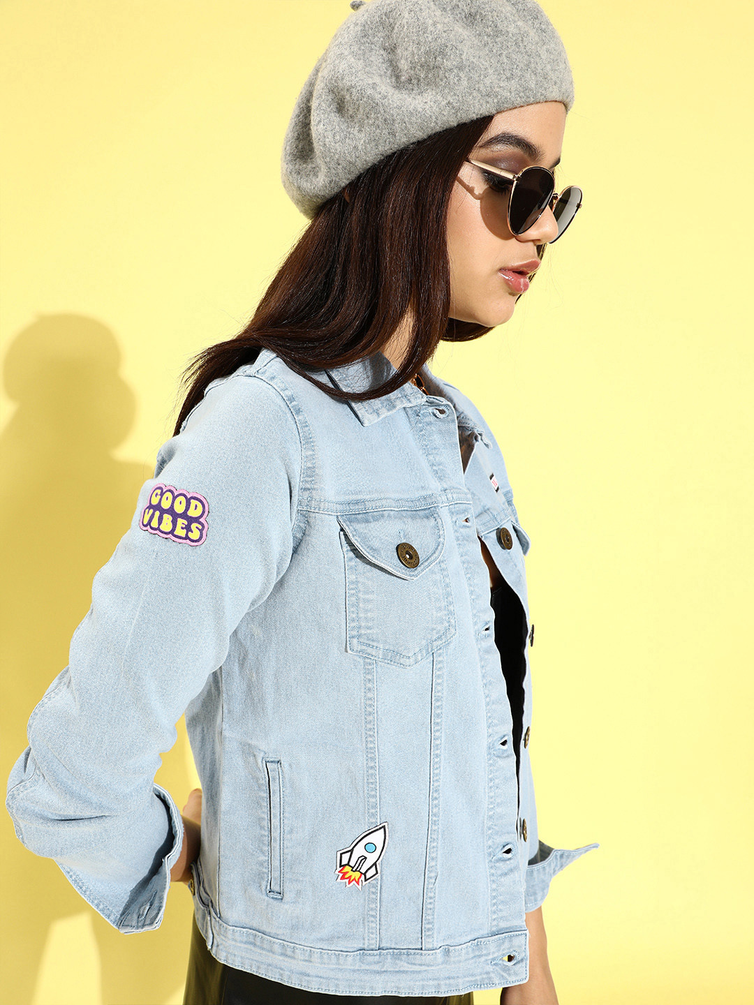 Style Quotient Women Blue Washed Cotton Patchwork Denim Trucker Jacket