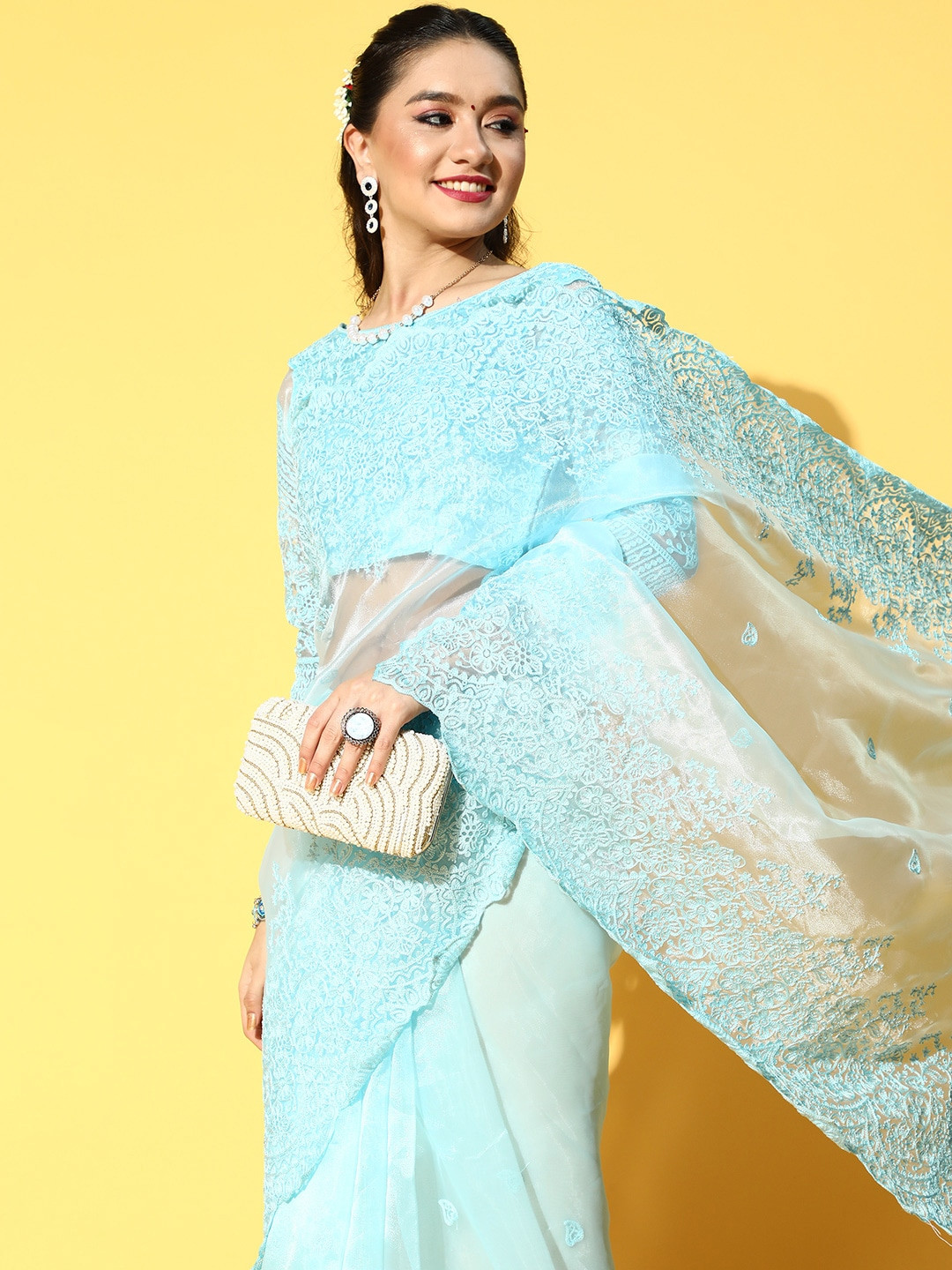 Mitera Floral Organza Saree with Embroidered Border