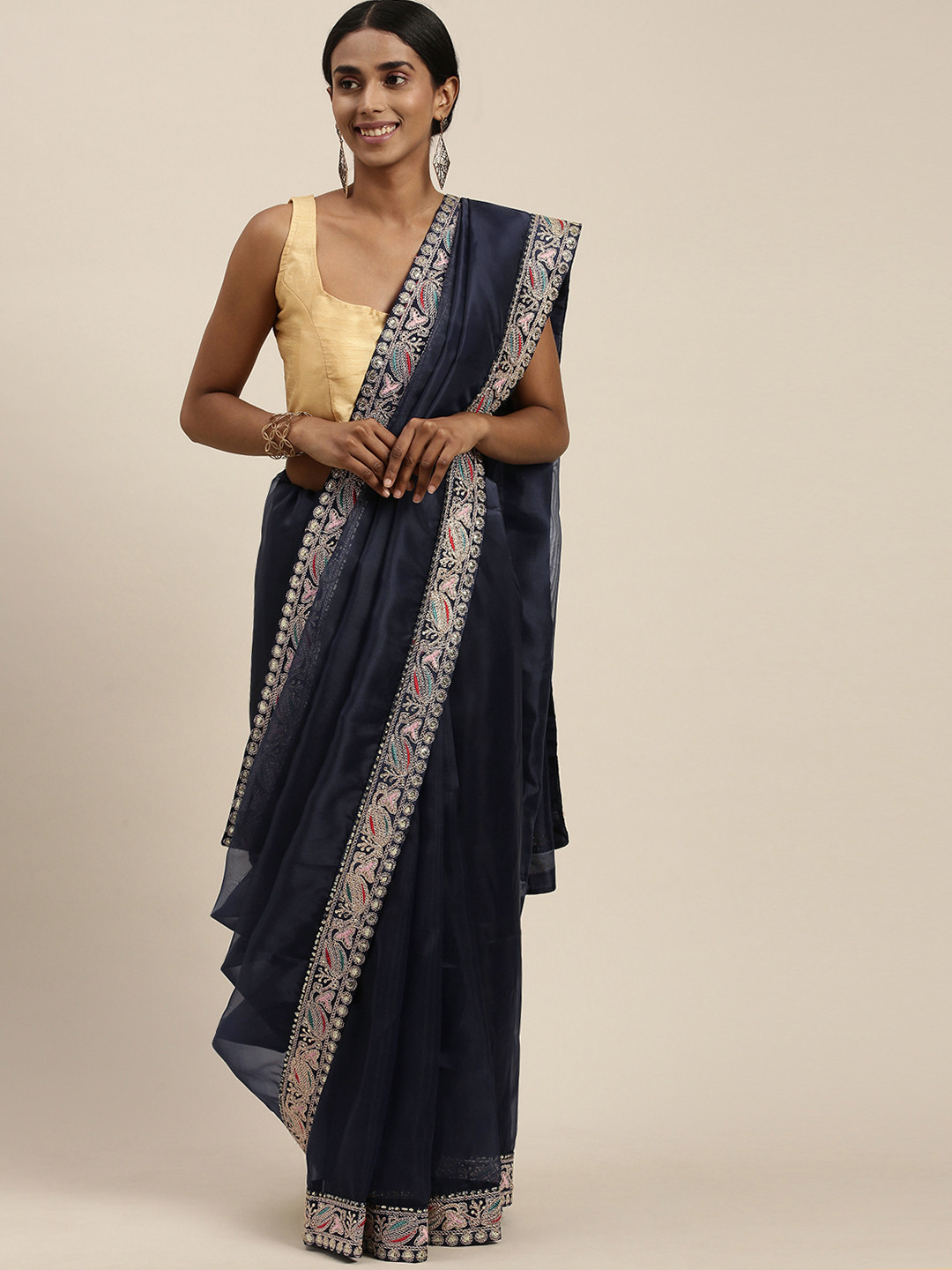 Mitera Navy Blue Sequinned Embroidered Border Organza Saree