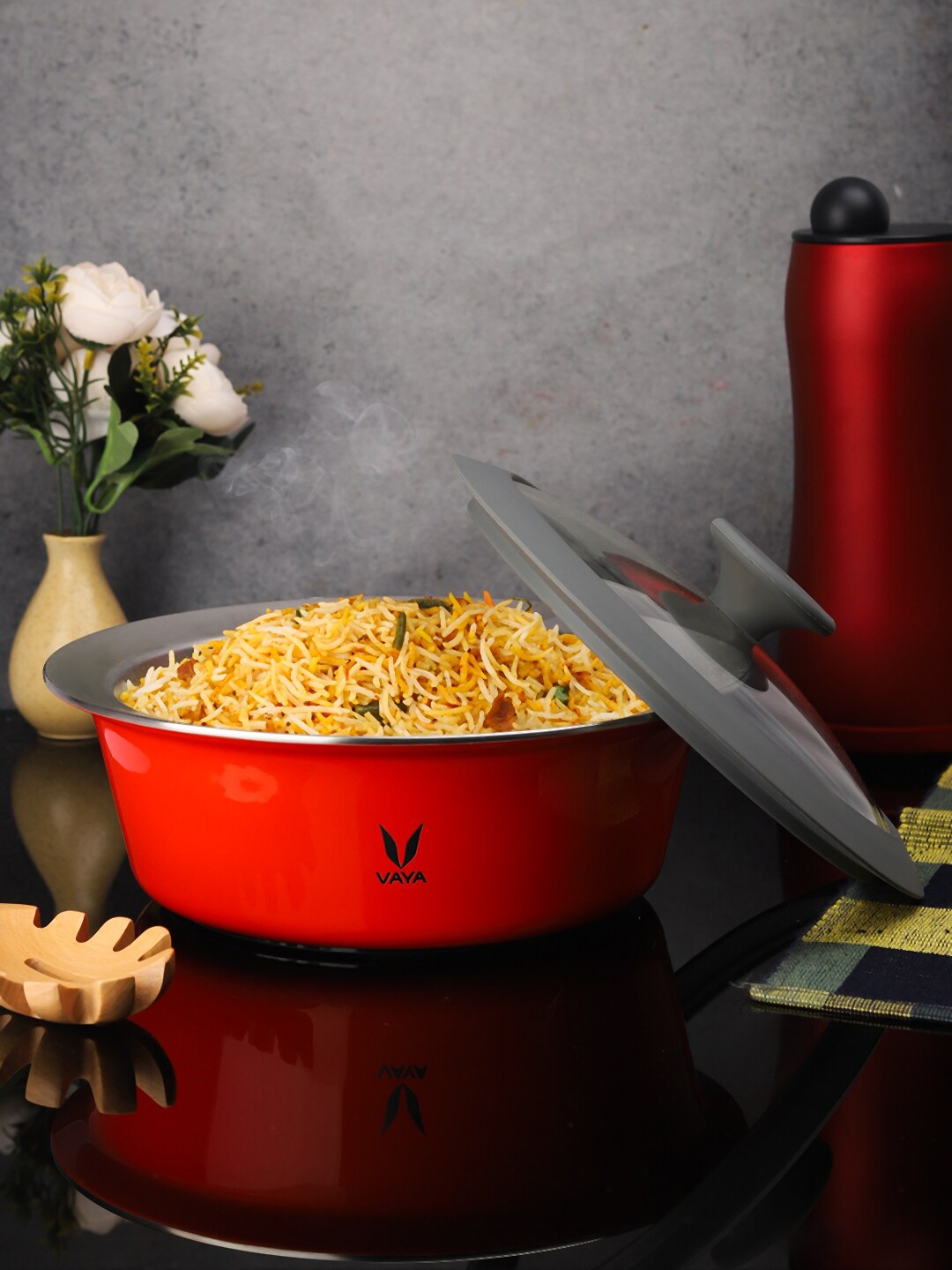 Vaya Red Black Solid Stainless Steel Casserole With Lid 1500ML