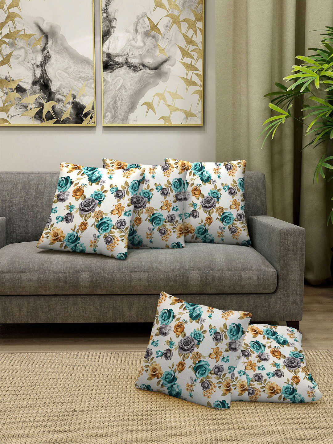 Arrabi Blue Floral Cotton Blend Breathable 5 Piece Square Cushion Covers -16x16In